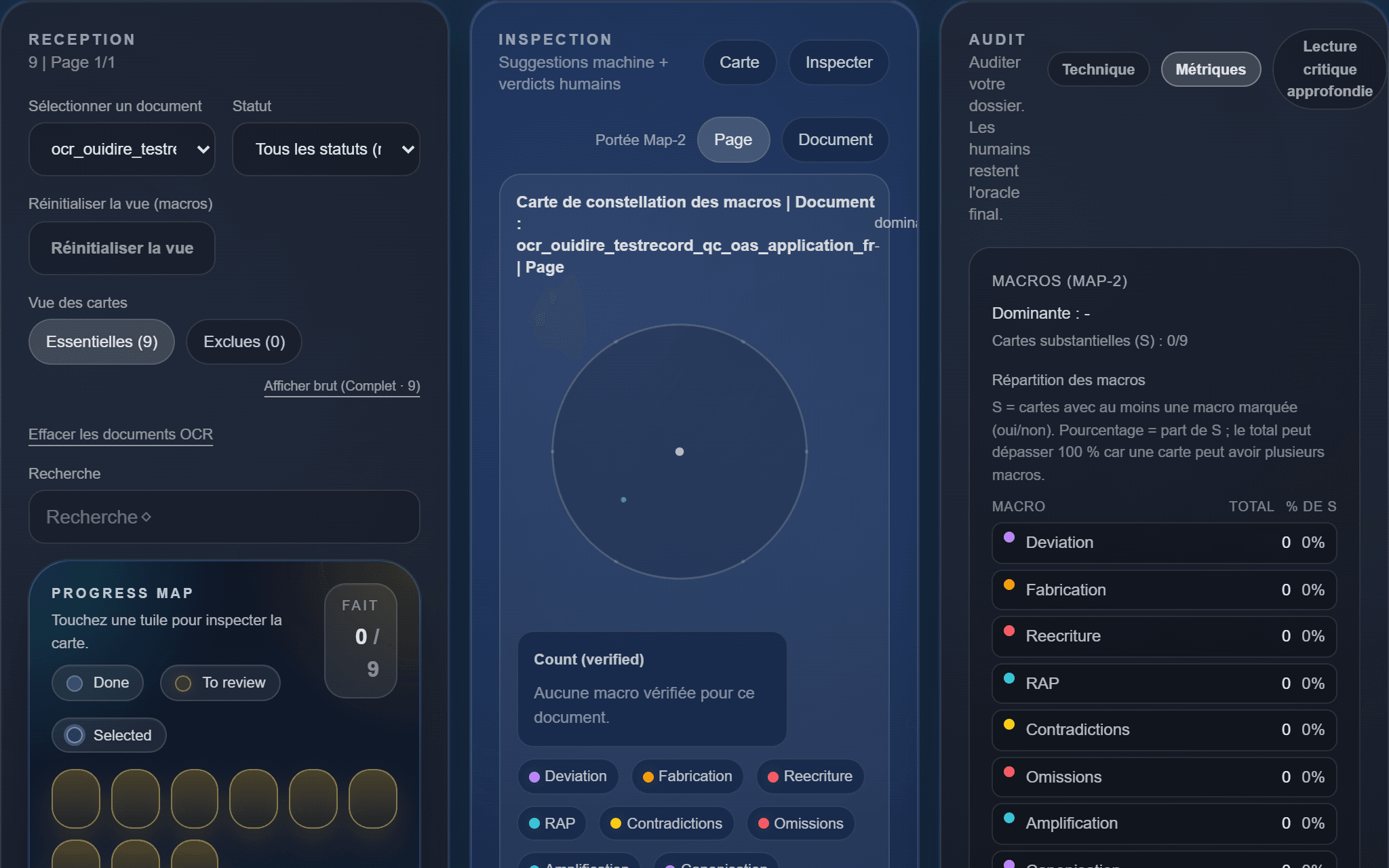 Sur desktop, Inspection occupe la colonne centrale et intègre aussi la Constellation des macros