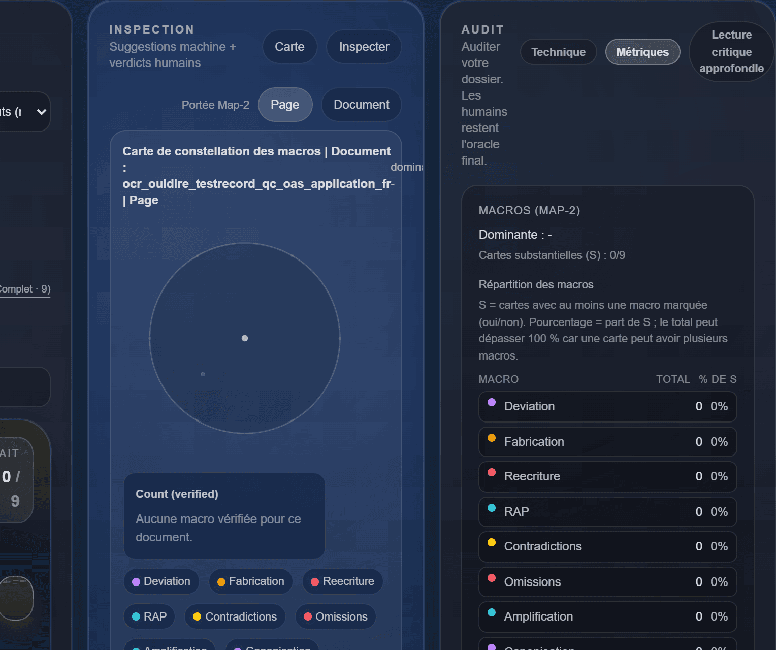 Inspection et Audit restent visibles ensemble pour contrôler les métriques, la technique et la constellation