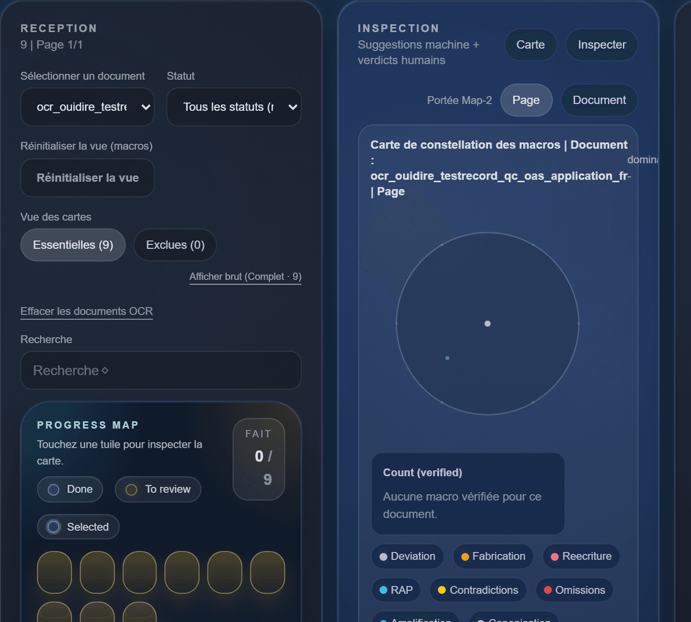 Réception et Inspection restent visibles ensemble pour suivre la progression, ouvrir une carte et garder le contexte de lecture