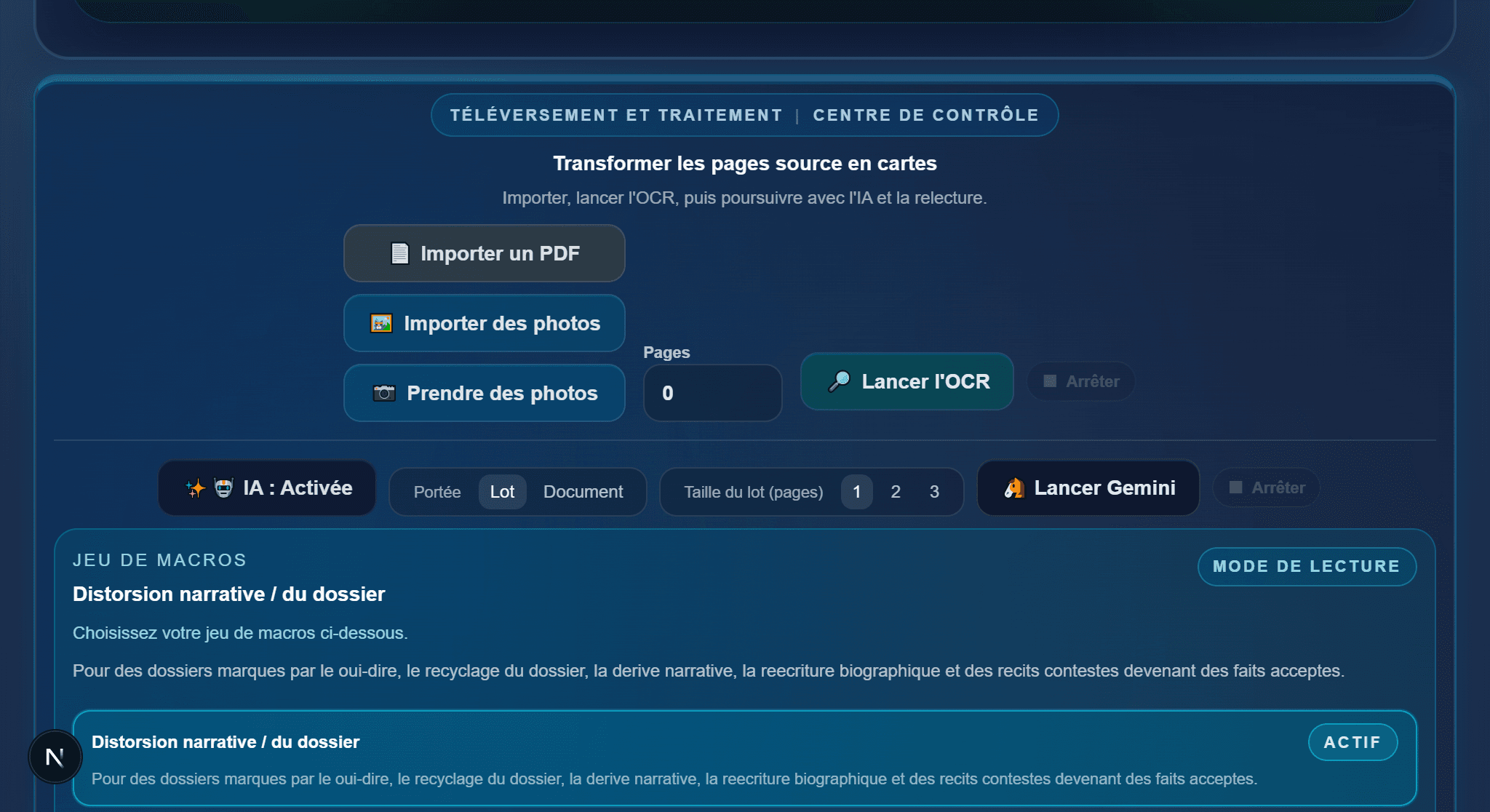 Exemple desktop: la barre du haut réunit import, OCR, IA et jeu de macros