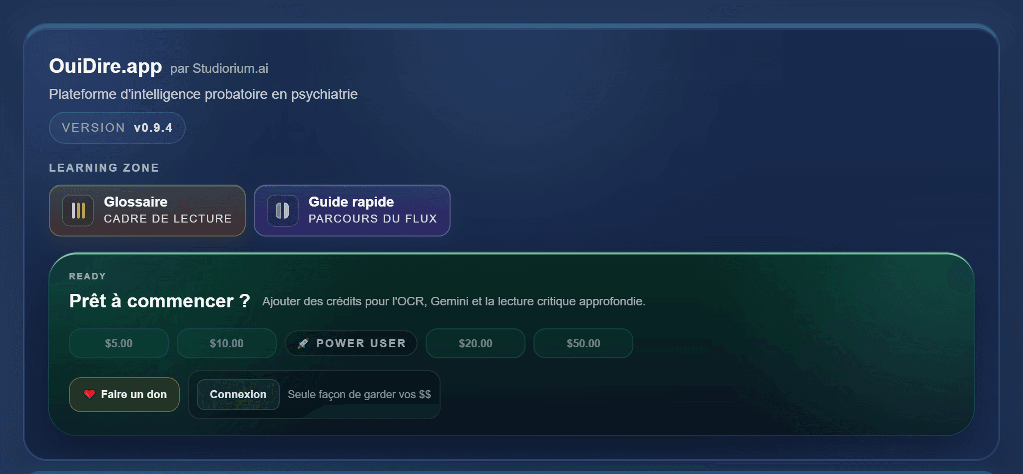 Vue desktop du haut: Learning zone, Prêt à commencer et accès au login